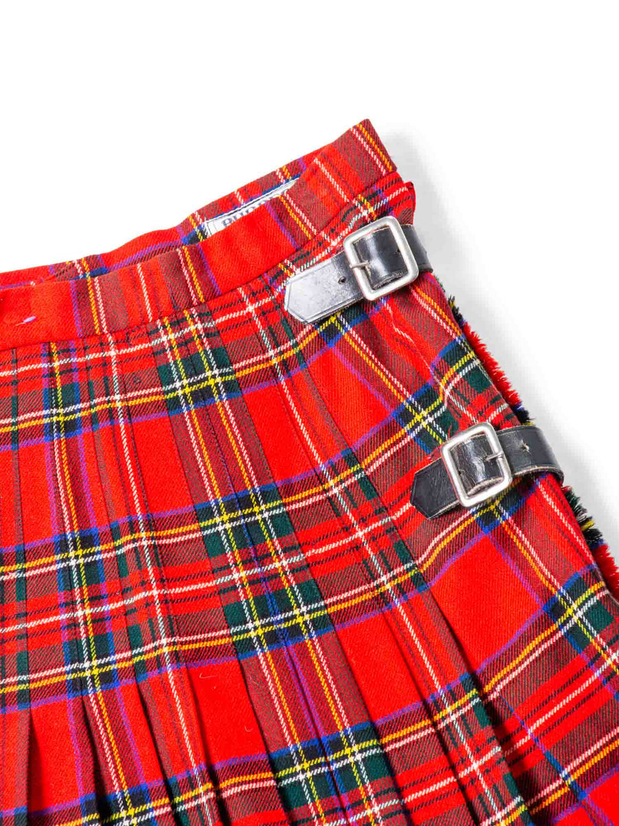 Burberry Vintage Wool Tartan Wrap Kilt Pleated Skirt Red Green