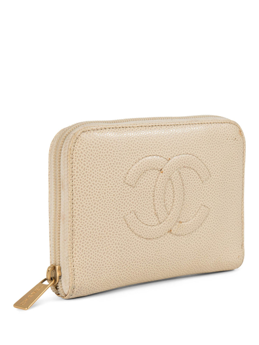 CHANEL CC Logo Caviar Leather Zippered Wallet Ivory