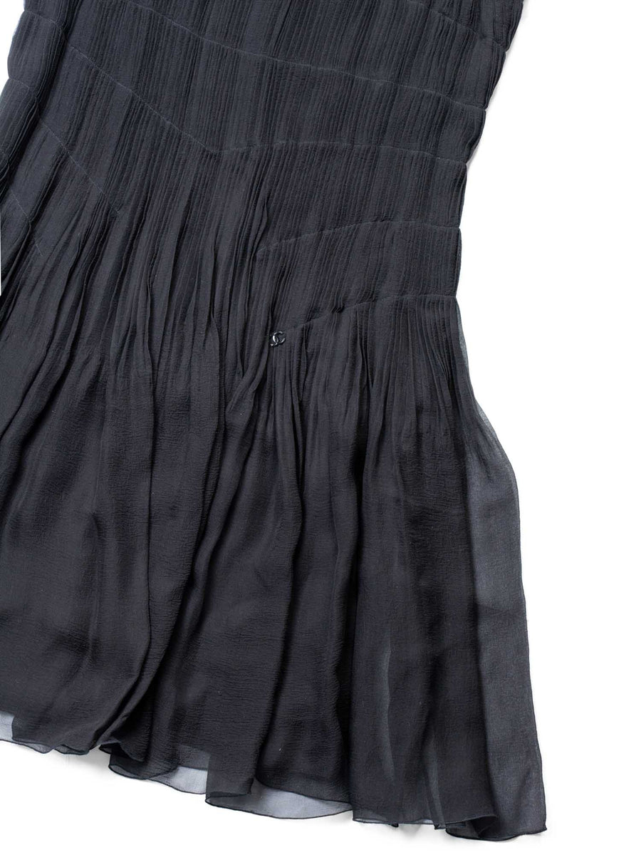 CHANEL CC Logo Chiffon Silk Pleated Dress Black