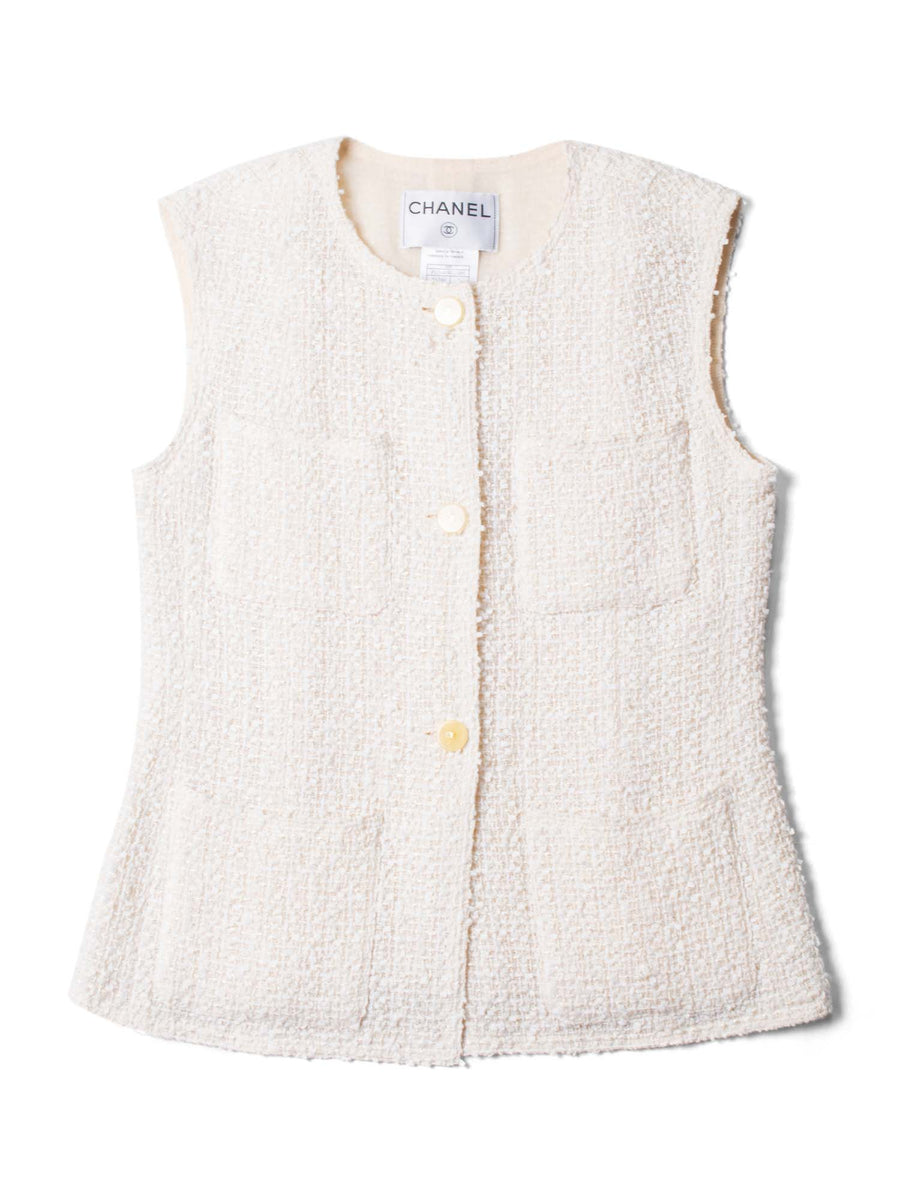 CHANEL CC Logo Fantasy Tweed Patch Pocket Vest Ivory