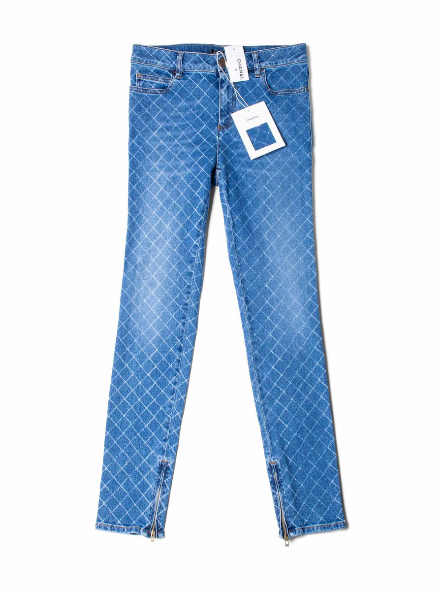 CHANEL CC Logo Quilted Zippered Skinny Denim Jeans Blue