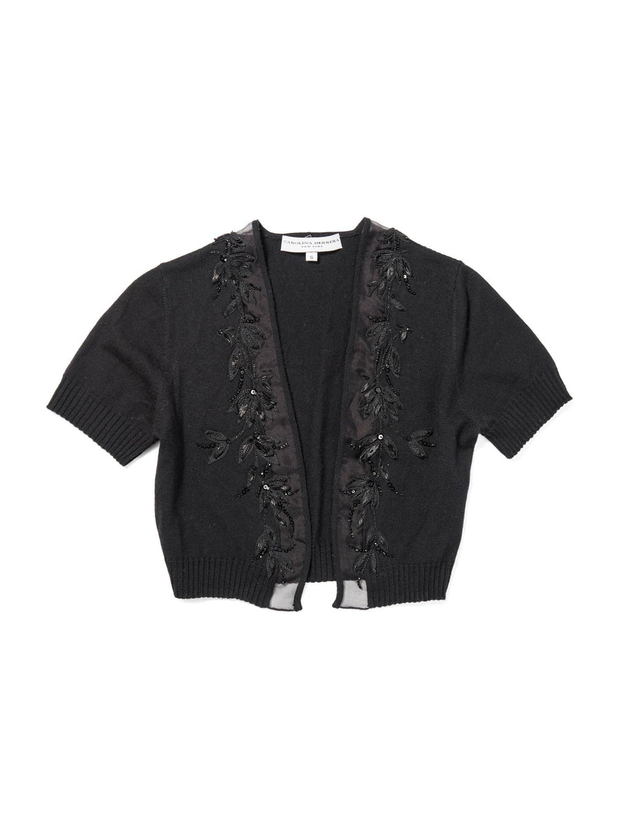 Carolina Herrera Wool Knit Embroidered Cropped Bolero Top Black