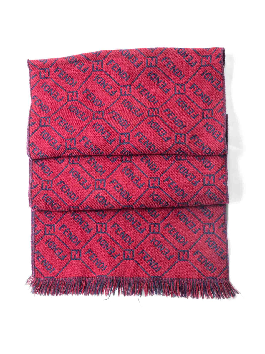 Fendi FF Logo Reversible Fringe Scarf Burgundy Navy