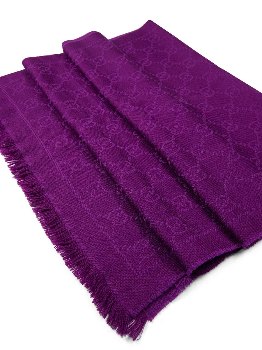 GUCCI Wool Jacquard GG Monogram Fringe Scarf Purple 524014