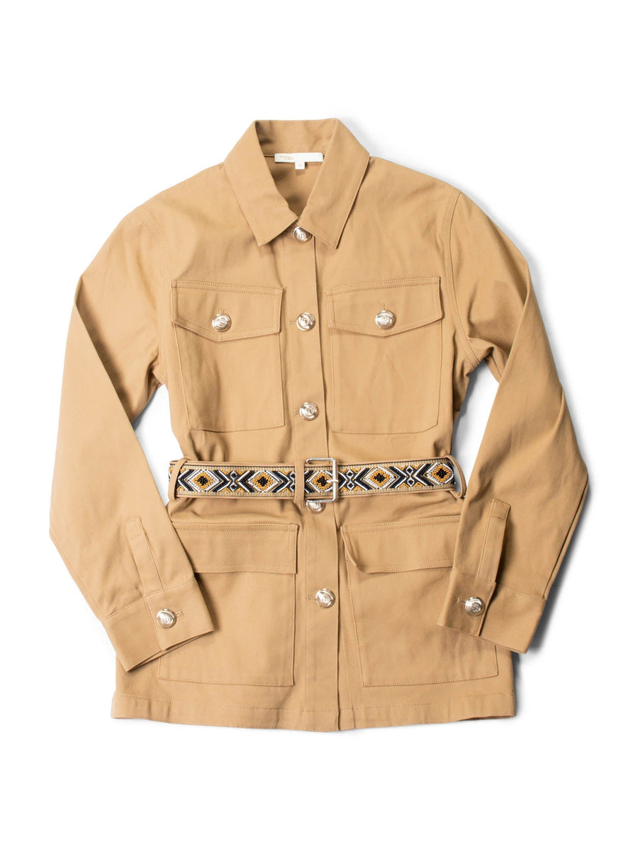 Maje Cotton Belted Beaded Safari Jacket Brown