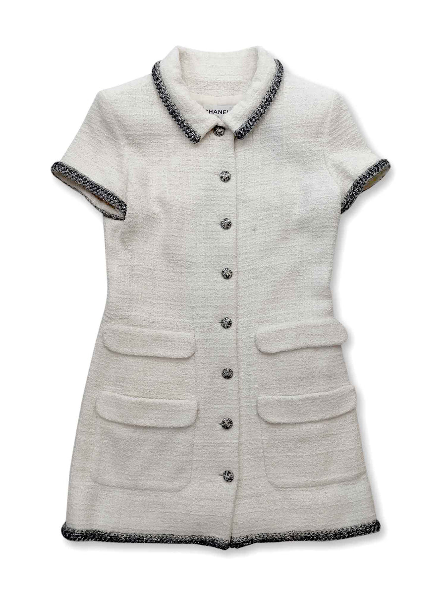 CHANEL Runway CC Logo White Collar Bow Mini Dress Black White