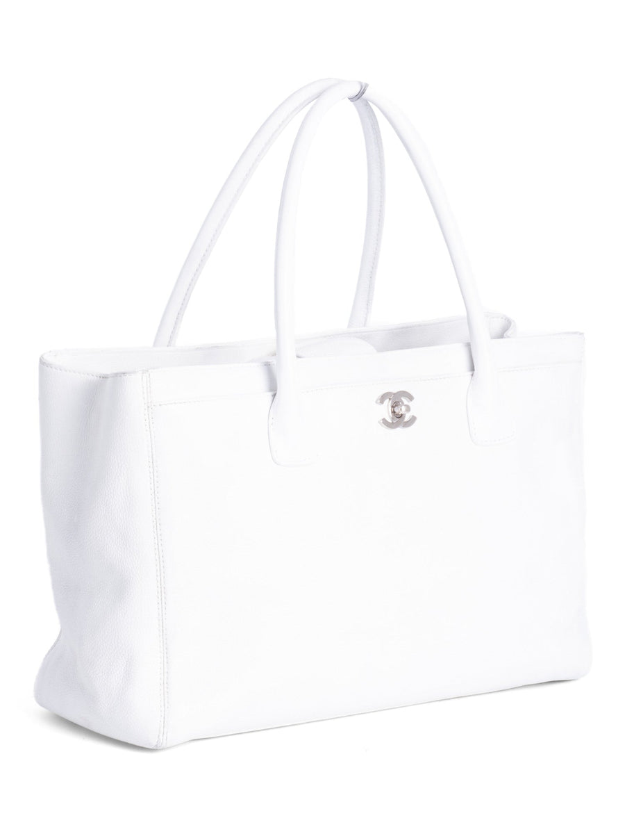 CHANEL Caviar Leather Cerf Executive Shopper Tote White Silver