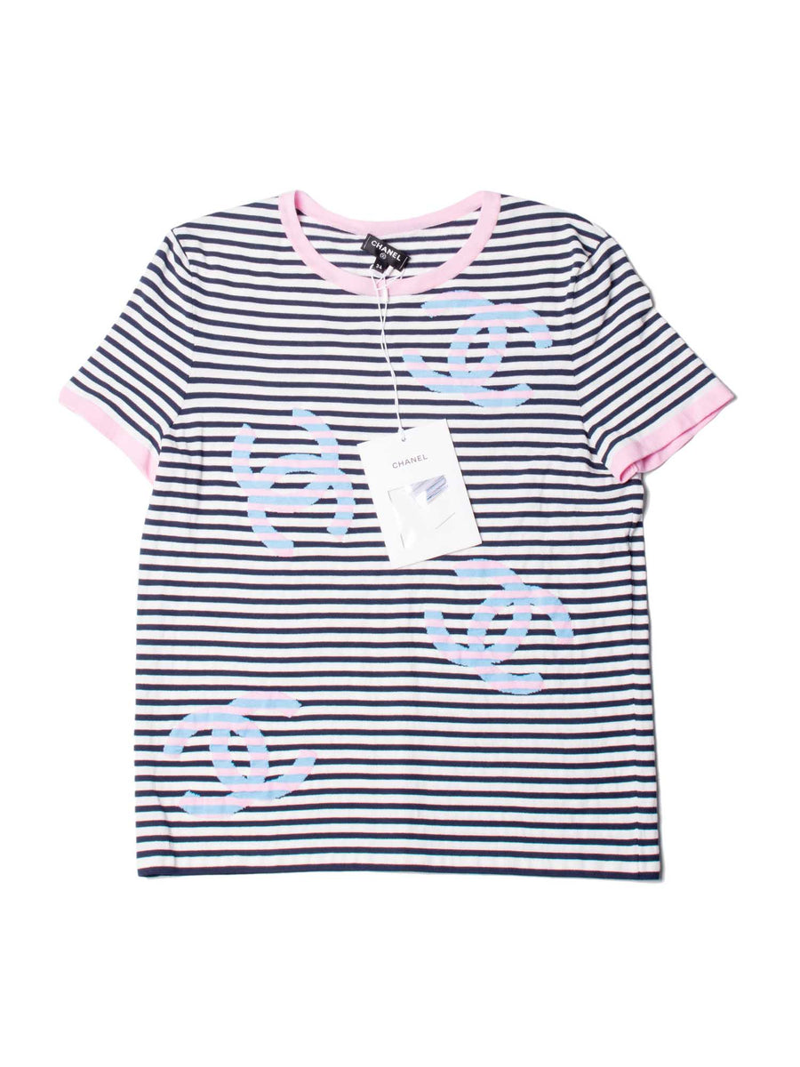 CHANEL Authentic CHANEL CC LA PAUSA T-shirt cotton Pink White Black Used  Coco #34