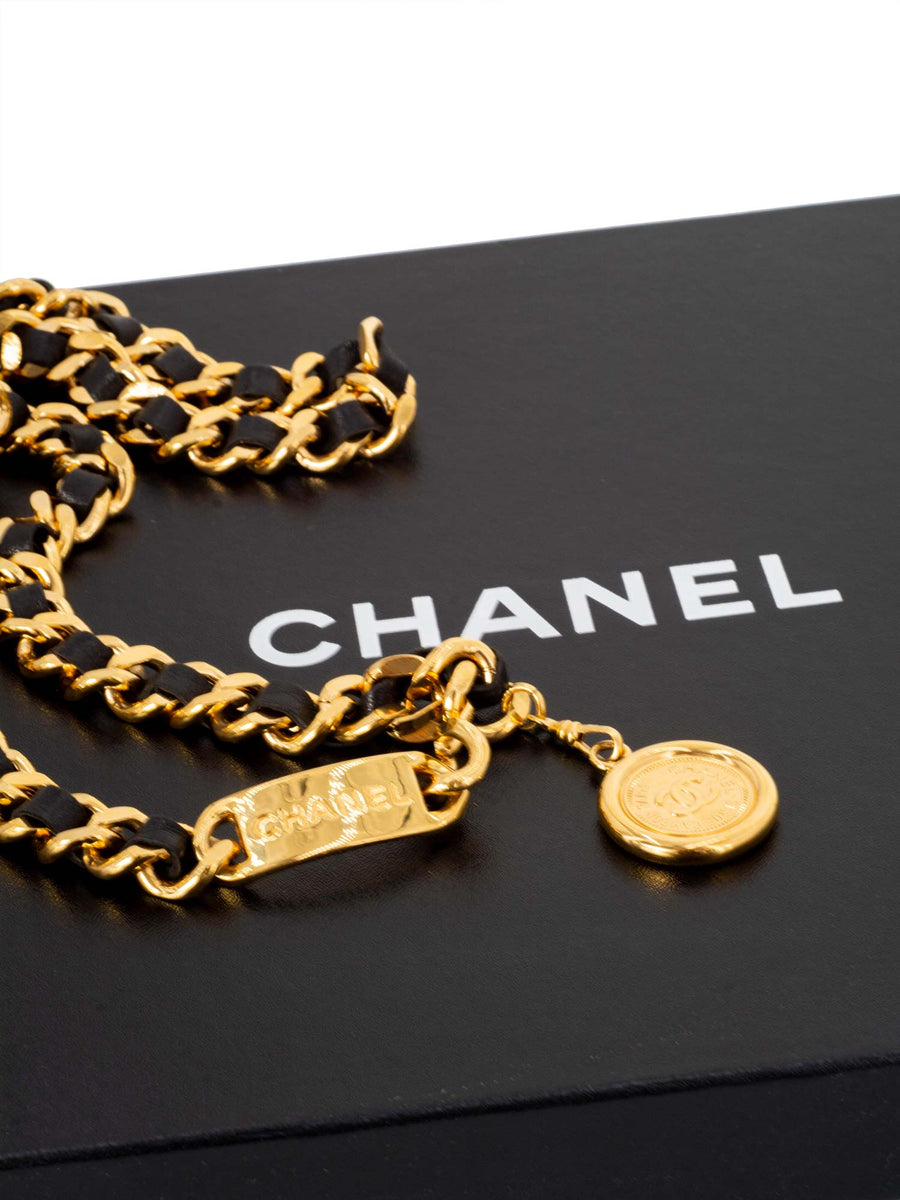 CHANEL CC Gold Plated Chain Black Leather Medallion Belt