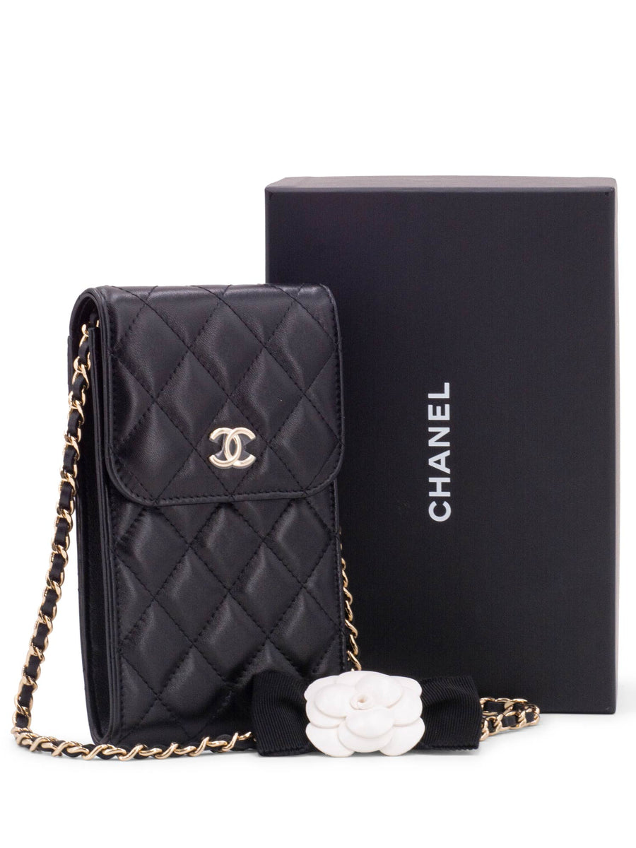 CHANEL Quilted Leather Camellia Phone Messenger Bag Black