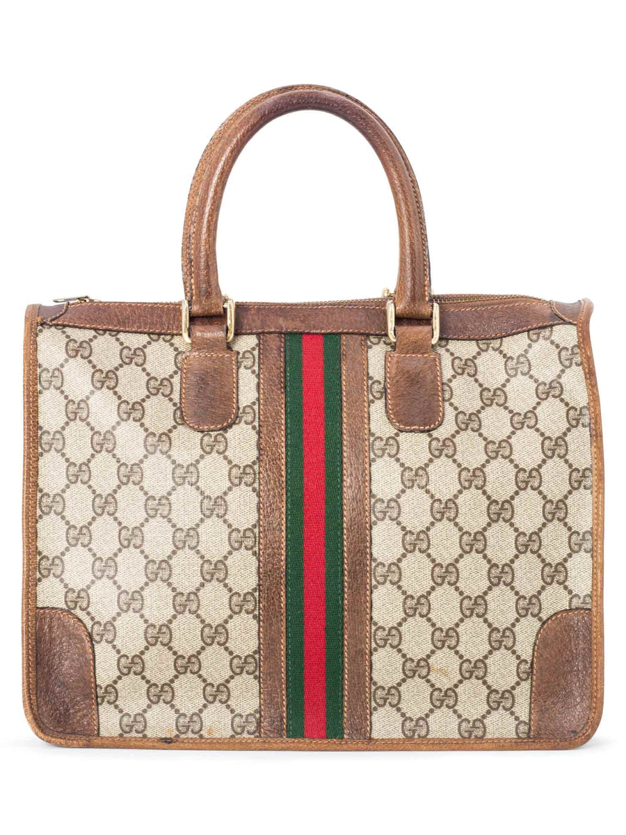 Gucci Brown GG Supreme Canvas Web Tote Gold Hardware (Very Good), Brown Womens Handbag