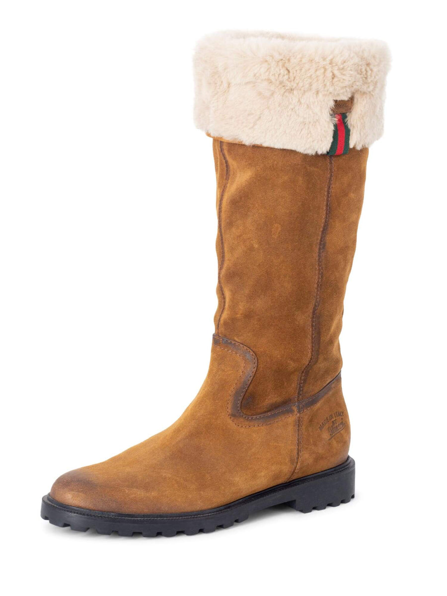 Gucci Suede Shearling Web Boots Brown