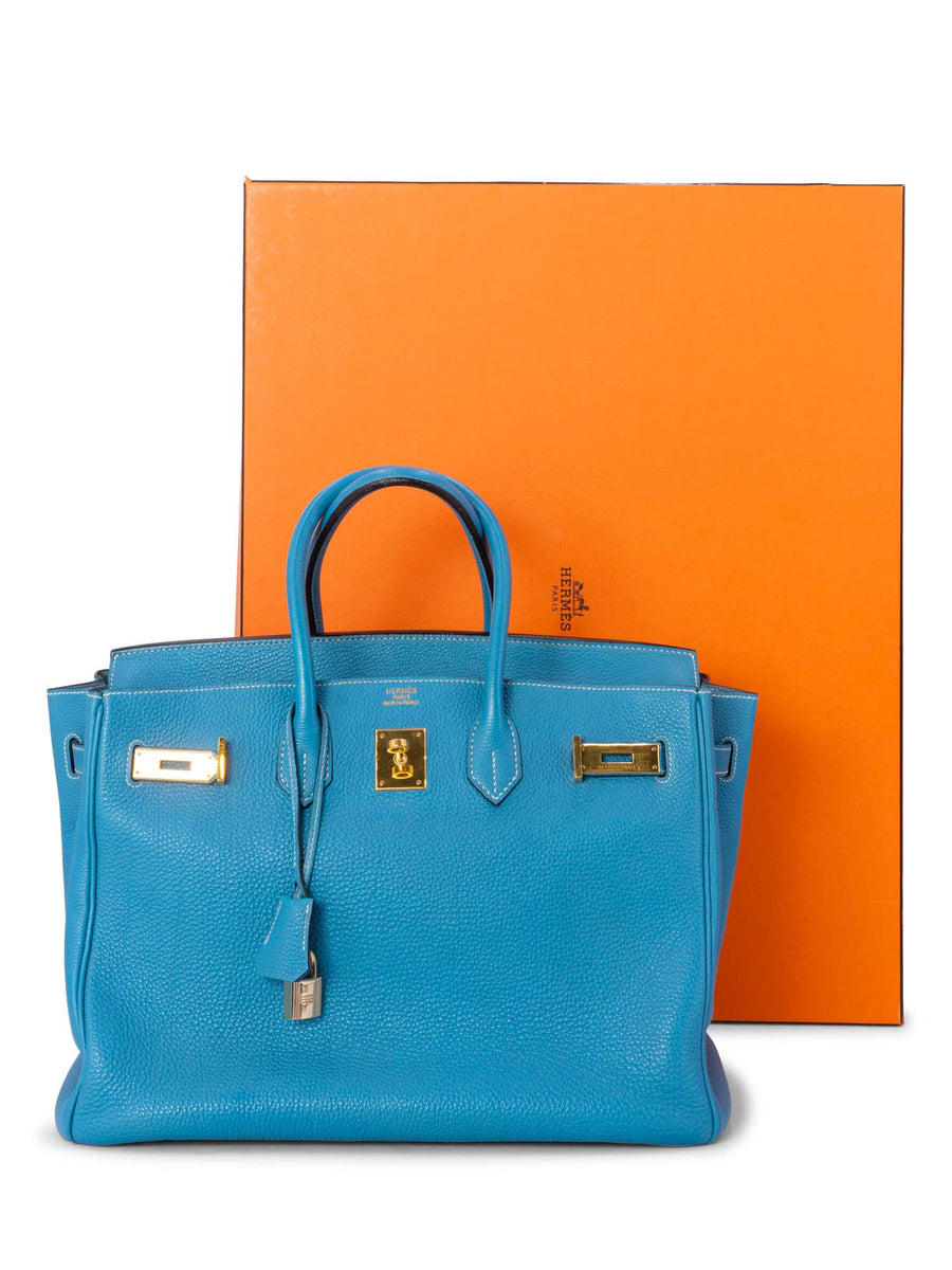 Birkin 35 leather handbag Hermès Blue in Leather - 30343028