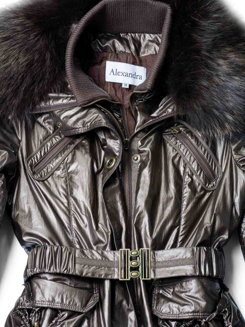 Alexandra Fox Fur Winter Belted Parka Coat Brown-designer resale