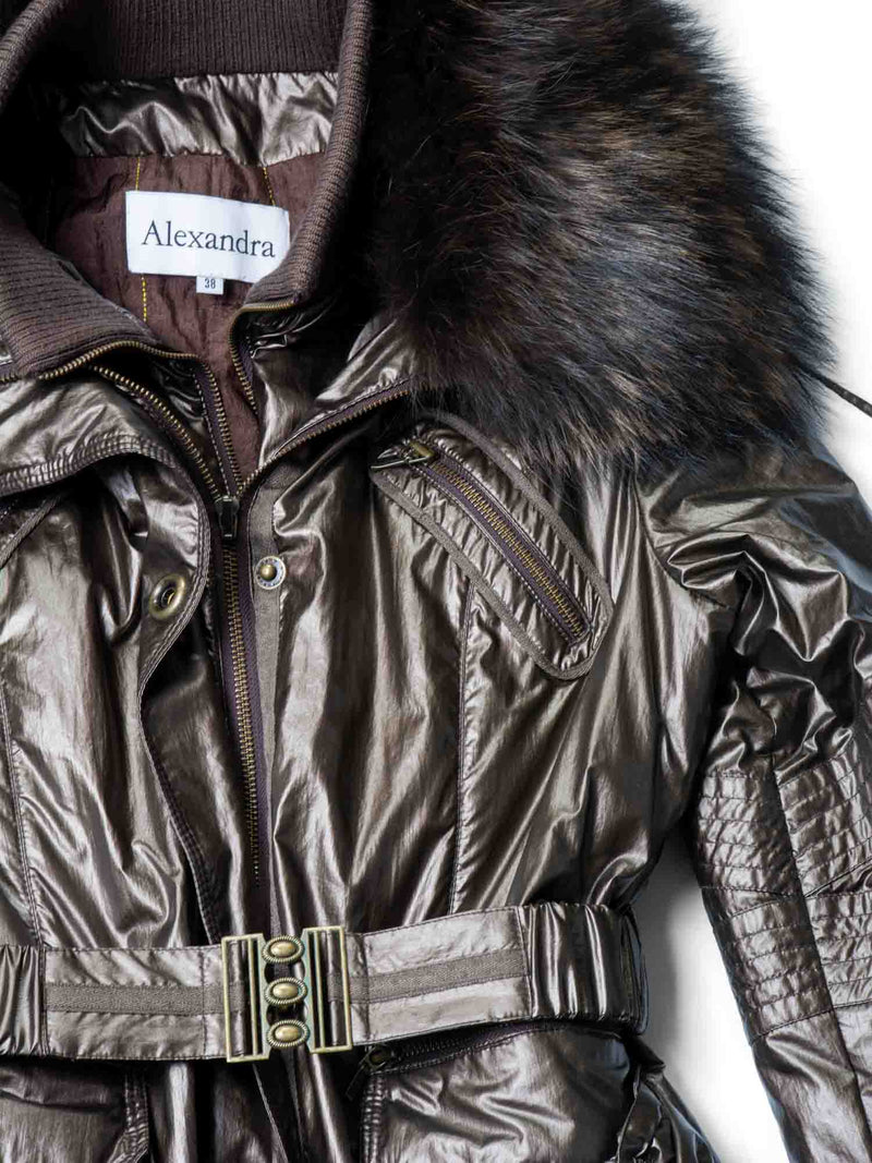 Alexandra Fox Fur Winter Belted Parka Coat Brown-designer resale