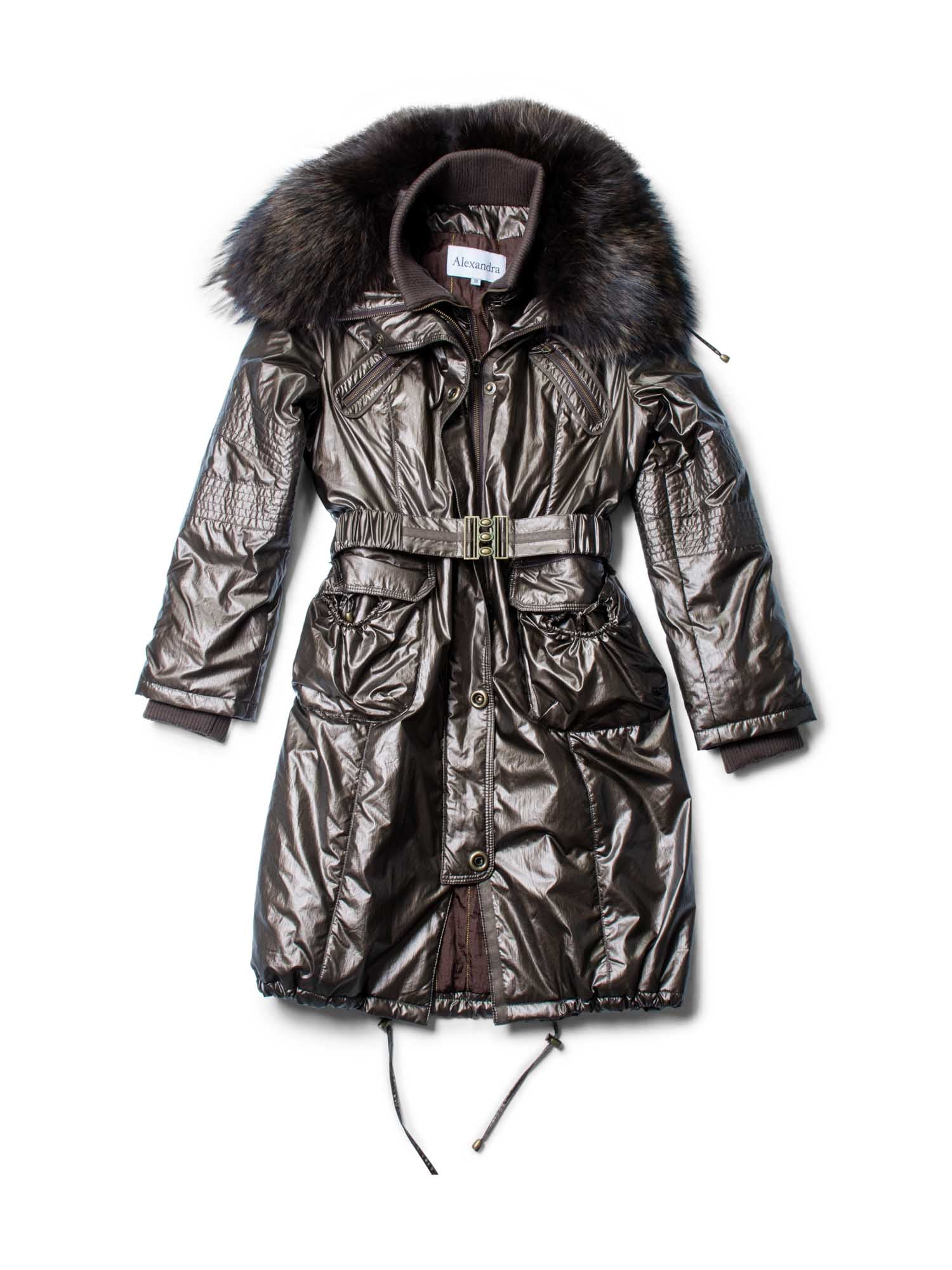 Alexandra Fox Fur Winter Belted Parka Coat Brown-designer resale