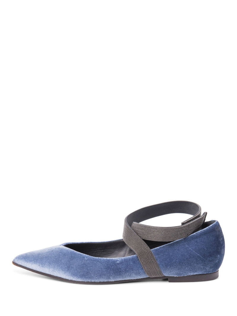 Brunello Cucinelli Velvet Monili Pointy Toe Flat Shoes Blue-designer resale