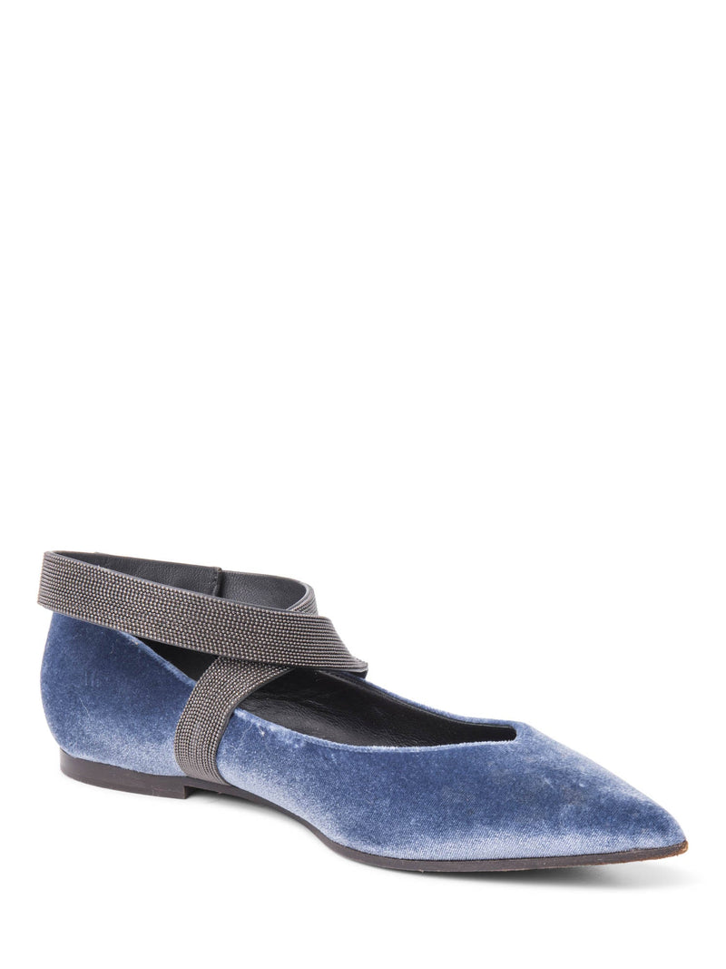 Brunello Cucinelli Velvet Monili Pointy Toe Flat Shoes Blue-designer resale