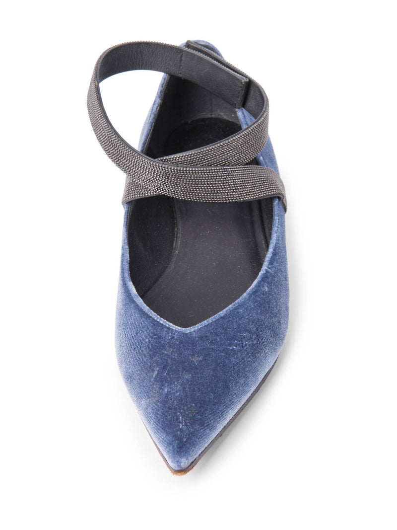 Brunello Cucinelli Velvet Monili Pointy Toe Flat Shoes Blue-designer resale