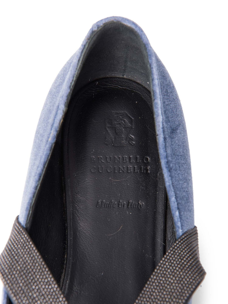 Brunello Cucinelli Velvet Monili Pointy Toe Flat Shoes Blue-designer resale