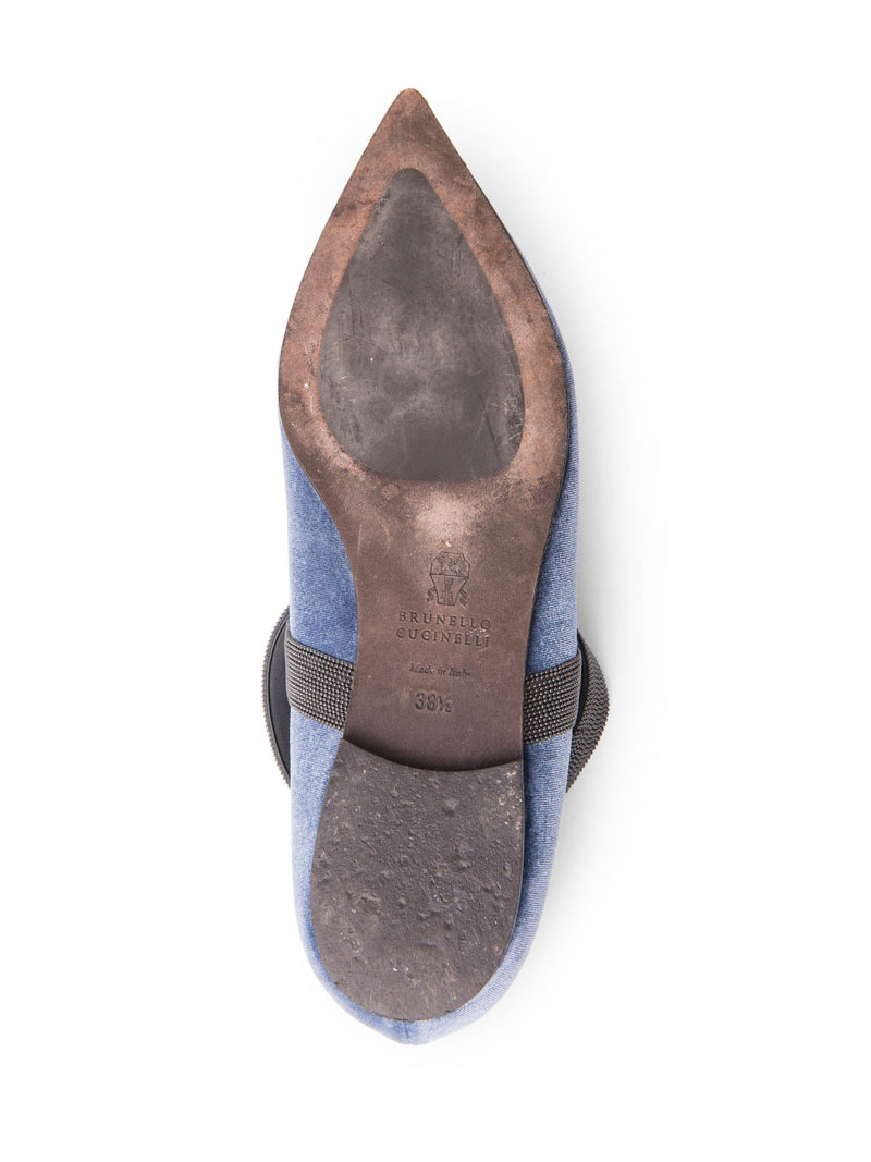 Brunello Cucinelli Velvet Monili Pointy Toe Flat Shoes Blue-designer resale