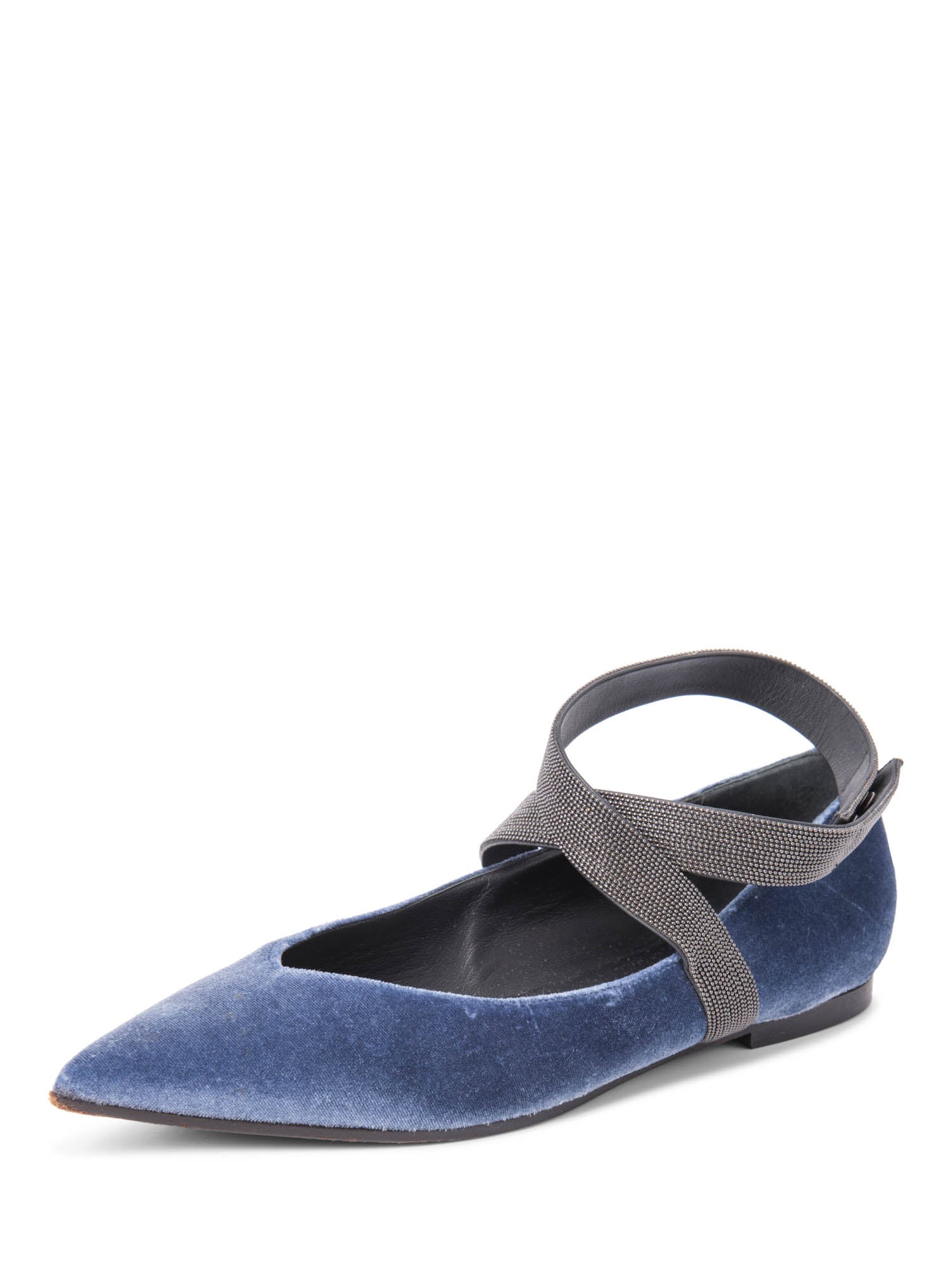 Brunello Cucinelli Velvet Monili Pointy Toe Flat Shoes Blue-designer resale