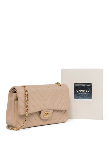 Chanel Classic Double Flap Quilted Caviar Gold-tone Medium Beige