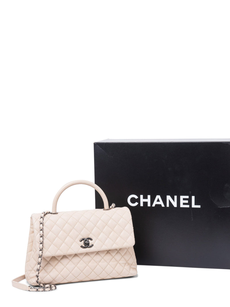 CHANEL CC Logo Caviar Leather Top Handle Flap Bag Beige-designer resale