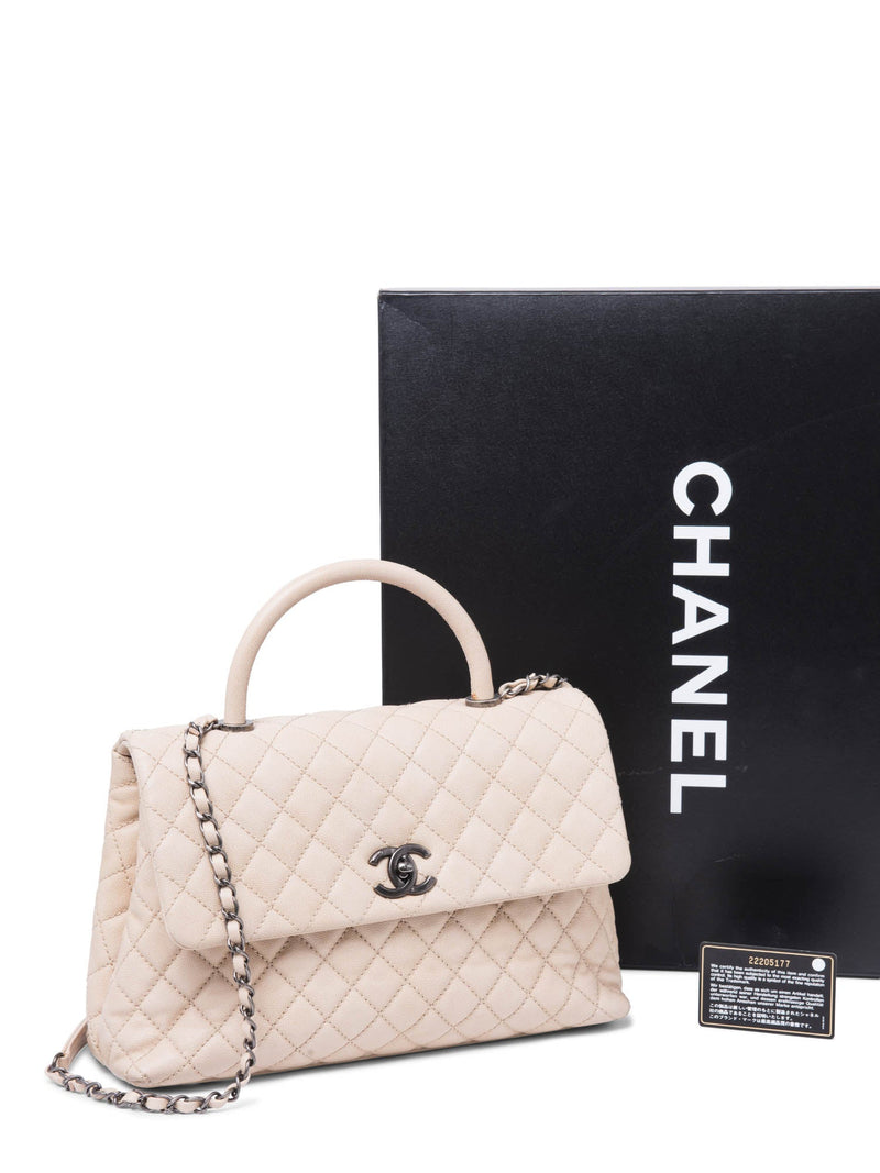 CHANEL CC Logo Caviar Leather Top Handle Flap Bag Beige-designer resale