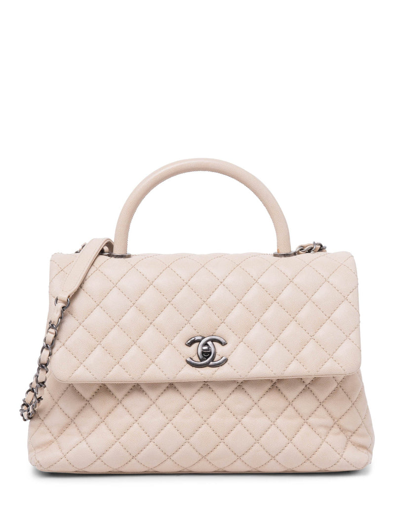 CHANEL CC Logo Caviar Leather Top Handle Flap Bag Beige-designer resale