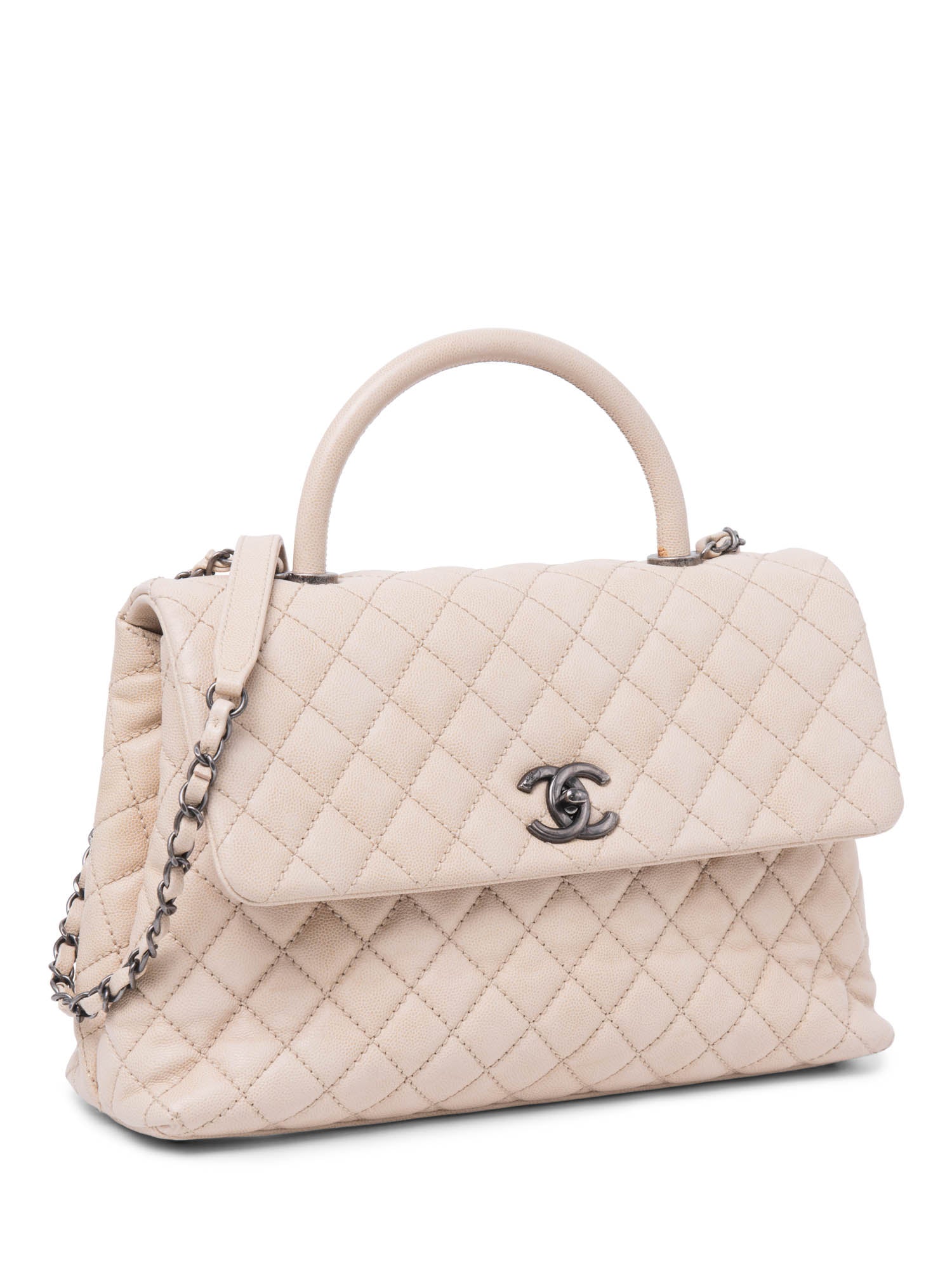 CHANEL CC Logo Caviar Leather Top Handle Flap Bag Beige-designer resale