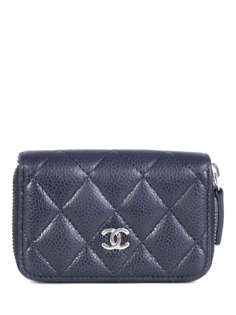 CHANEL CC Logo Caviar Leather Zippered Credit Card Wallet Black Silver-designer resale