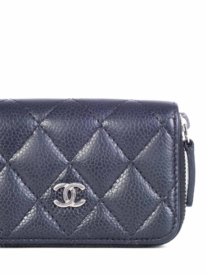 CHANEL CC Logo Caviar Leather Zippered Credit Card Wallet Black Silver-designer resale