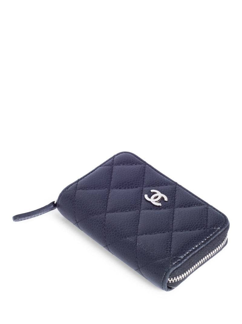 CHANEL CC Logo Caviar Leather Zippered Credit Card Wallet Black Silver-designer resale