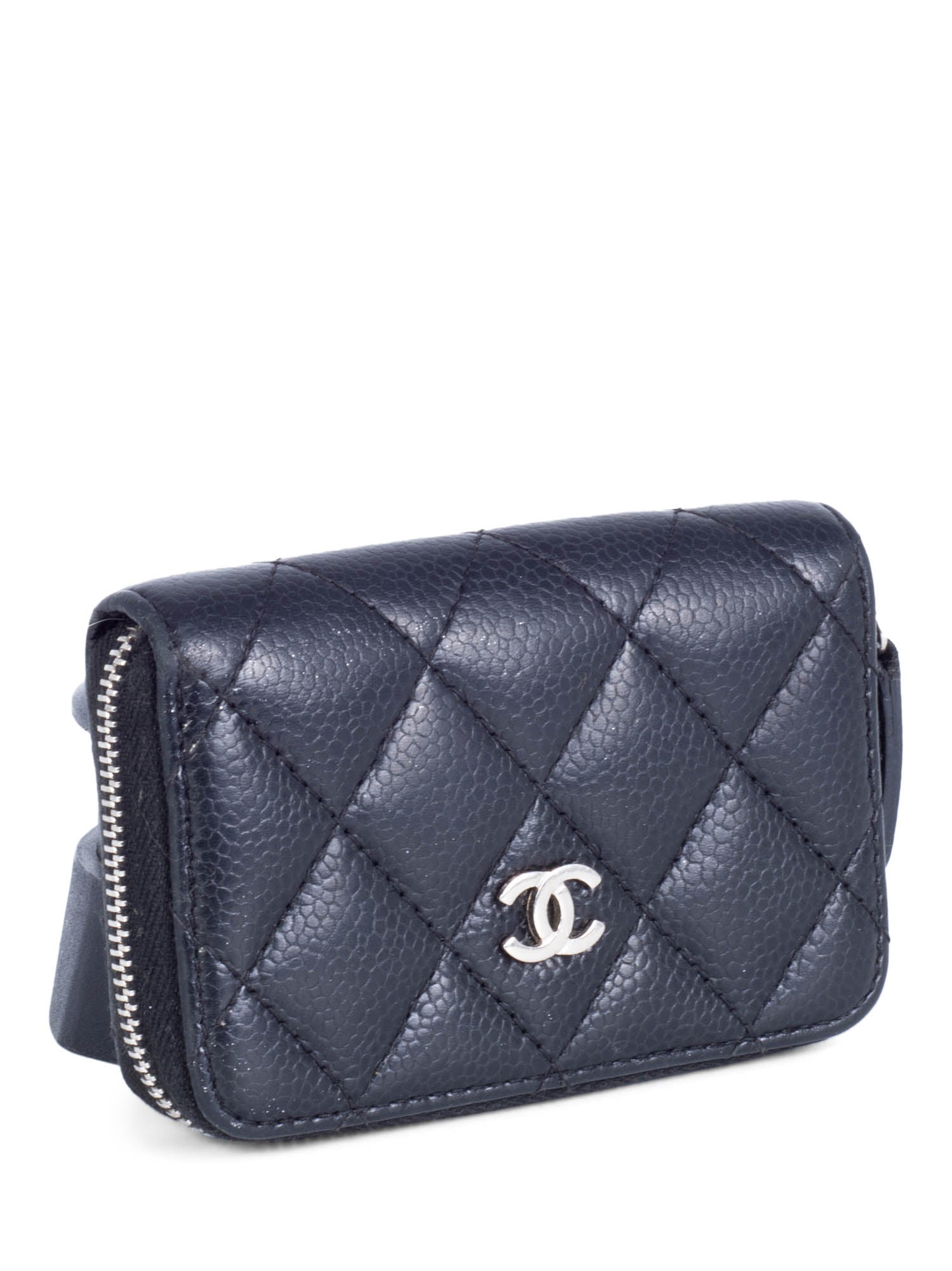 CHANEL CC Logo Caviar Leather Zippered Credit Card Wallet Black Silver-designer resale