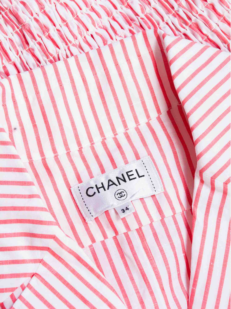 CHANEL CC Logo Cotton Cropped Striped Blouse Red White-designer resale