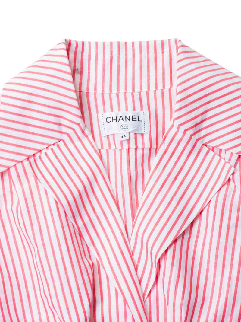 CHANEL CC Logo Cotton Cropped Striped Blouse Red White-designer resale