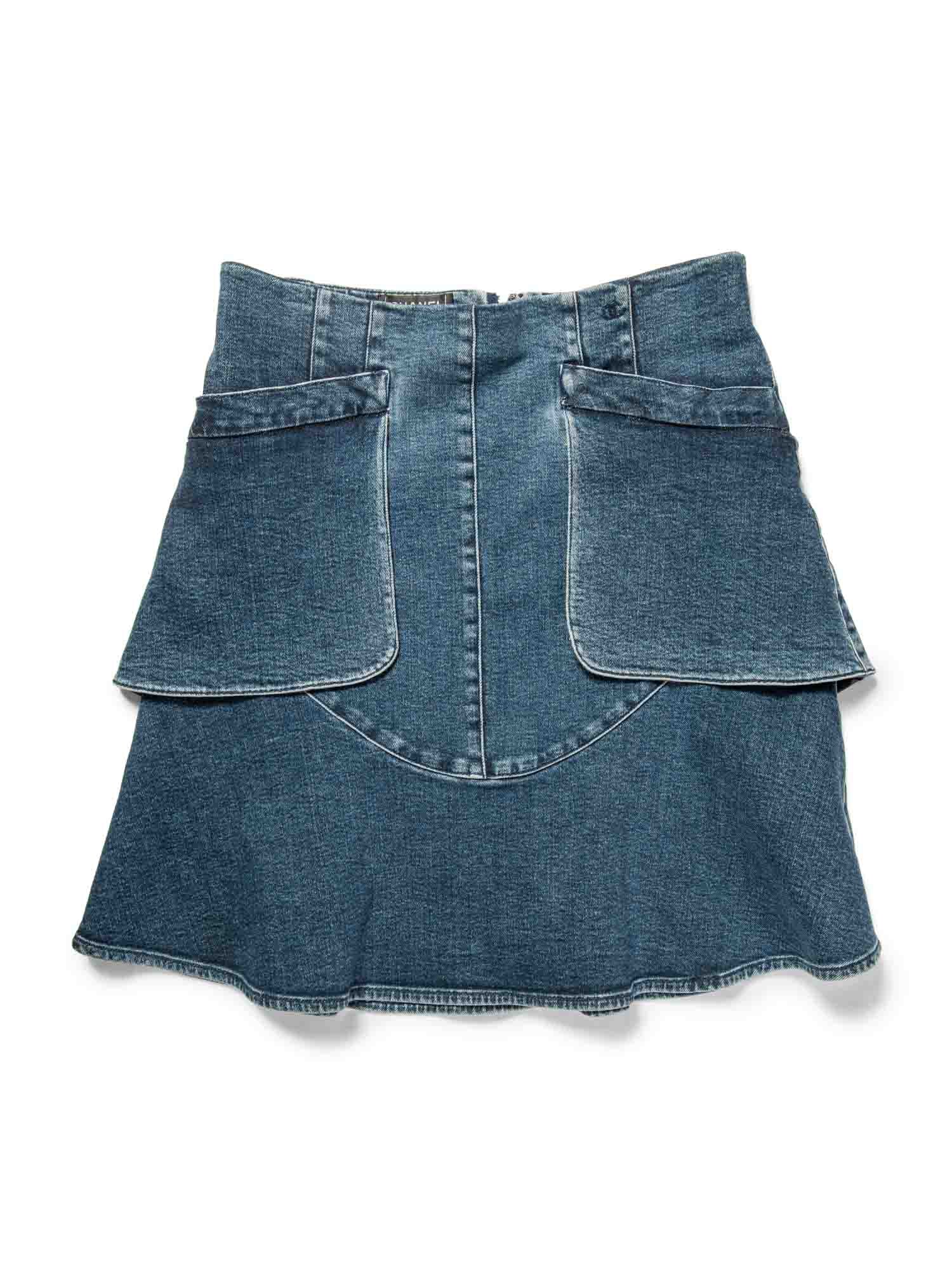 CHANEL CC Logo Denim A-Line Skirt Navy