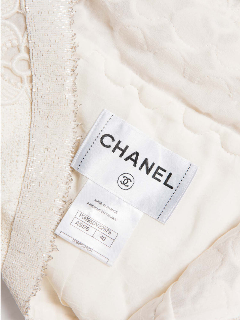 CHANEL CC Logo Lesage Tweed Camellia Beaded Fringe Jacket Ivory-designer resale