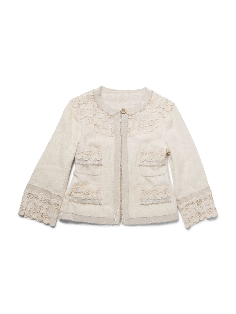 CHANEL CC Logo Lesage Tweed Camellia Beaded Fringe Jacket Ivory-designer resale