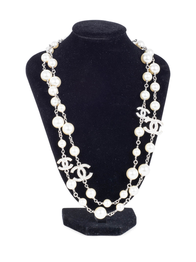 CHANEL CC Logo Pearl Crystal Necklace Silver-designer resale