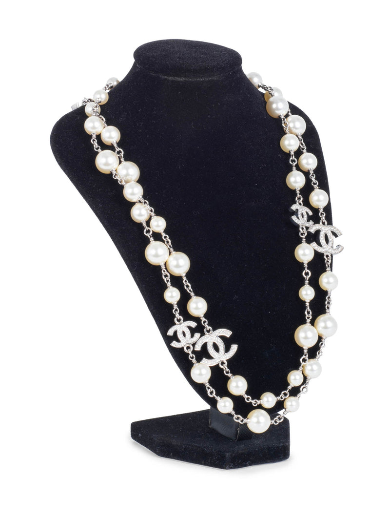 CHANEL CC Logo Pearl Crystal Necklace Silver-designer resale