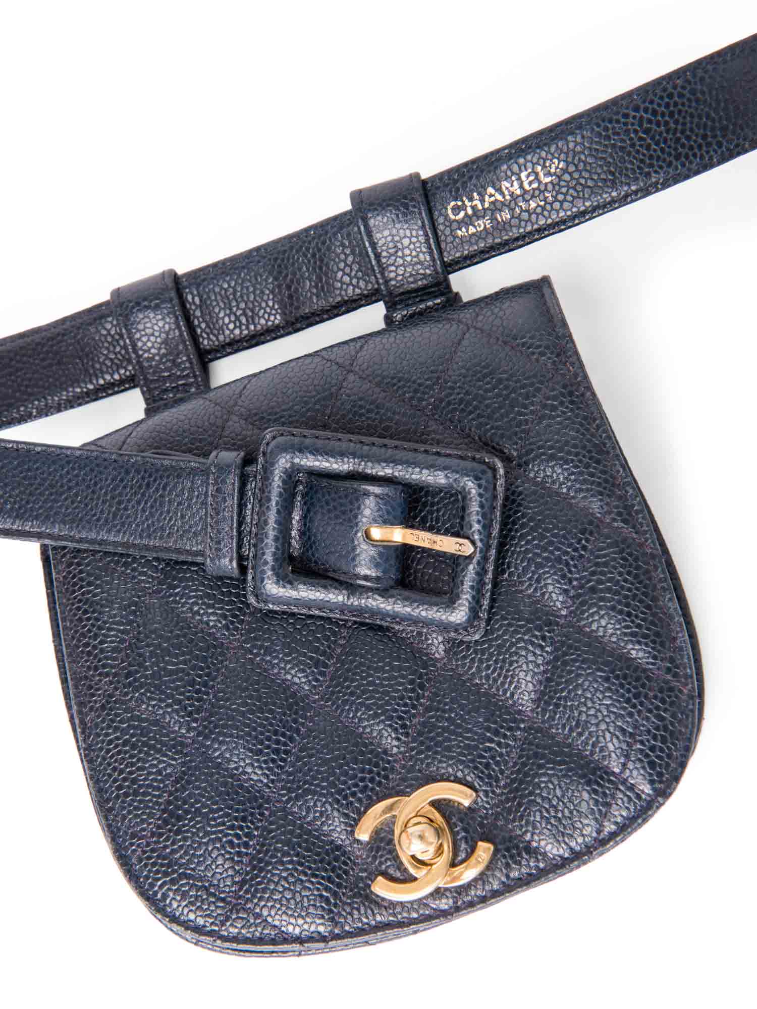 CHANEL CC Logo Quilted Caviar Leather Belt Bag Navy Blue-designer resale