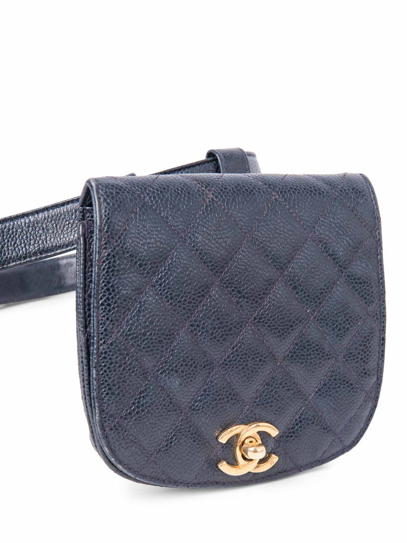 CHANEL CC Logo Quilted Caviar Leather Belt Bag Navy Blue-designer resale