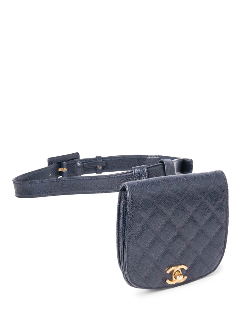 CHANEL CC Logo Quilted Caviar Leather Belt Bag Navy Blue-designer resale