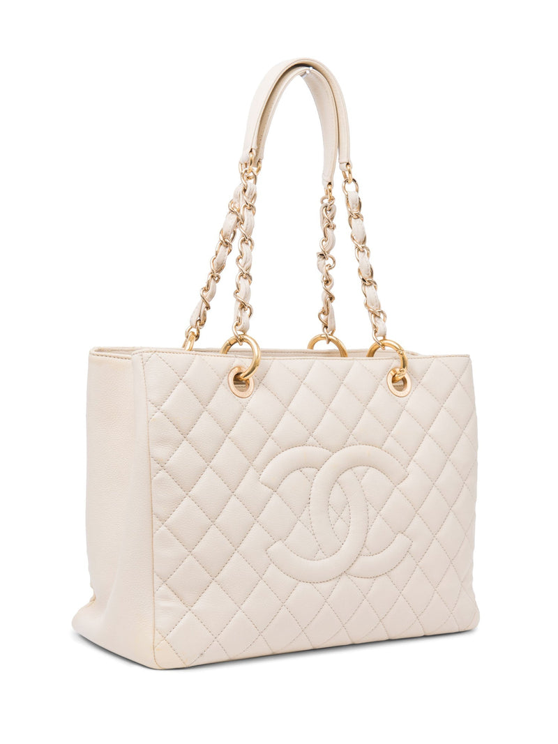 CHANEL CC Logo Quilted Caviar Leather Shopper Bag Beige Gold-designer resale