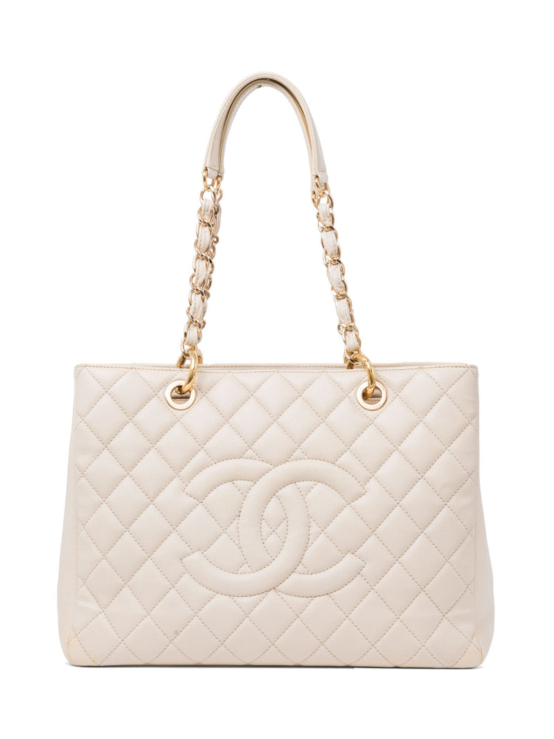 CHANEL CC Logo Quilted Caviar Leather Shopper Bag Beige Gold-designer resale