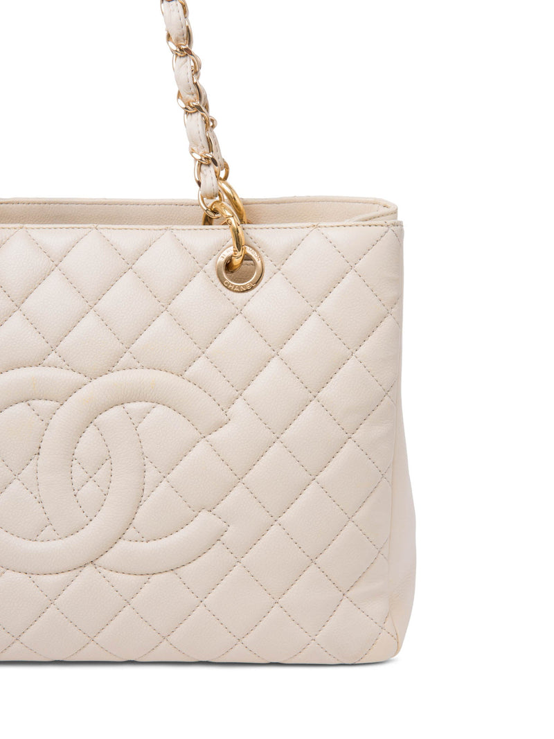 CHANEL CC Logo Quilted Caviar Leather Shopper Bag Beige Gold-designer resale