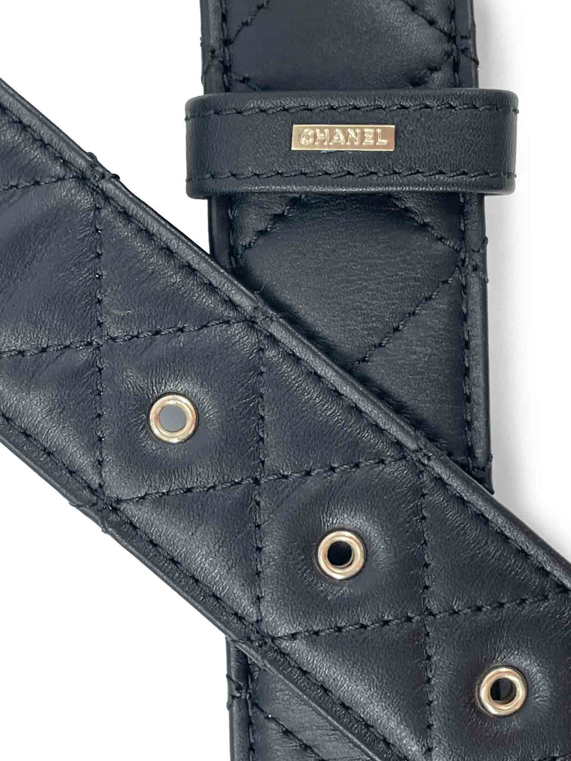 CHANEL CC Logo Quilted Leather Belt Black Silver-designer resale