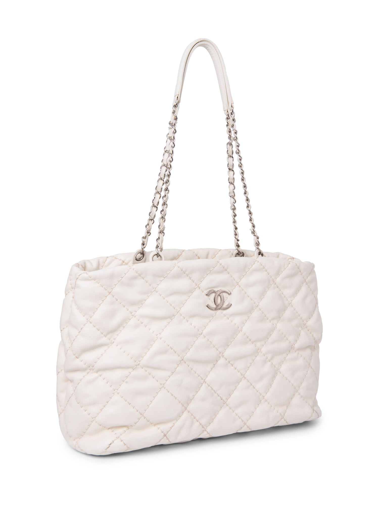 CHANEL CC Logo Quilted Leather Shopper Bag Ivory